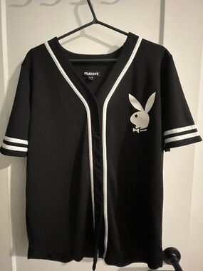 PLAYBOY Black Baseball-Style Jersey with White Trim